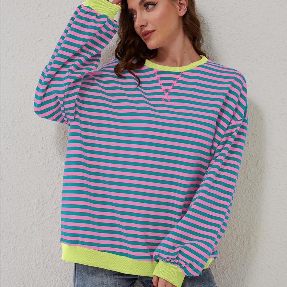 Striped Color Block Oversized Sweatshirt Crew